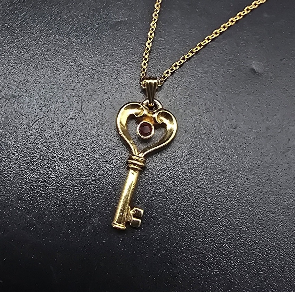 Avon Red Rhinestone Key Necklace Gold Tone Chain Vintage Costume Jewelry